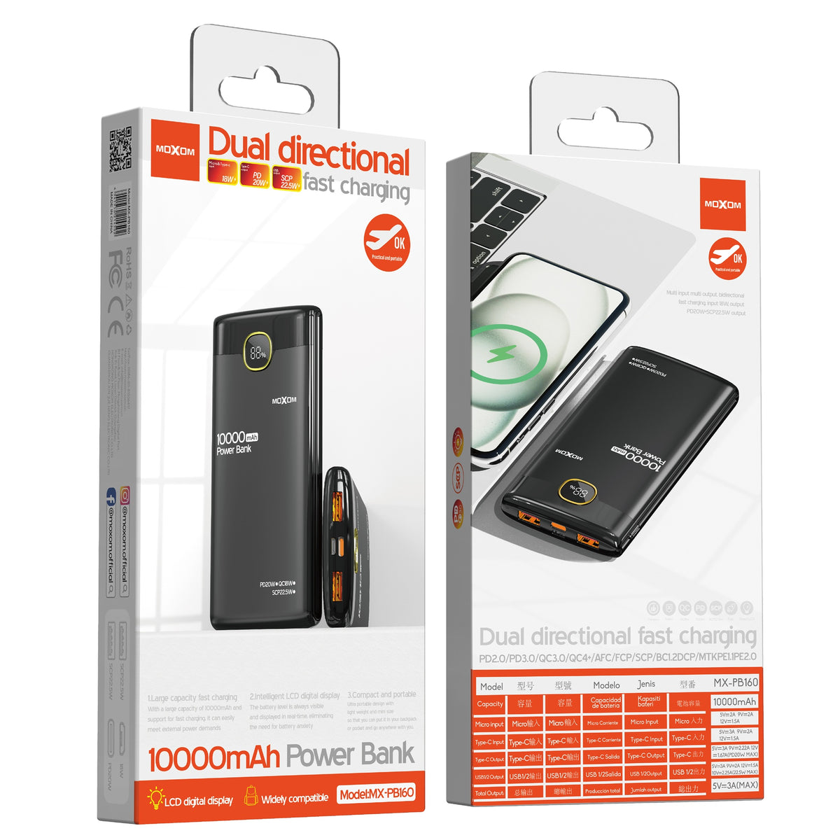 MOXOM MX-PB160 10000mAh Power Bank – 22.5W SCP + 20W PD Fast Charging, LCD Display, Flight Safe