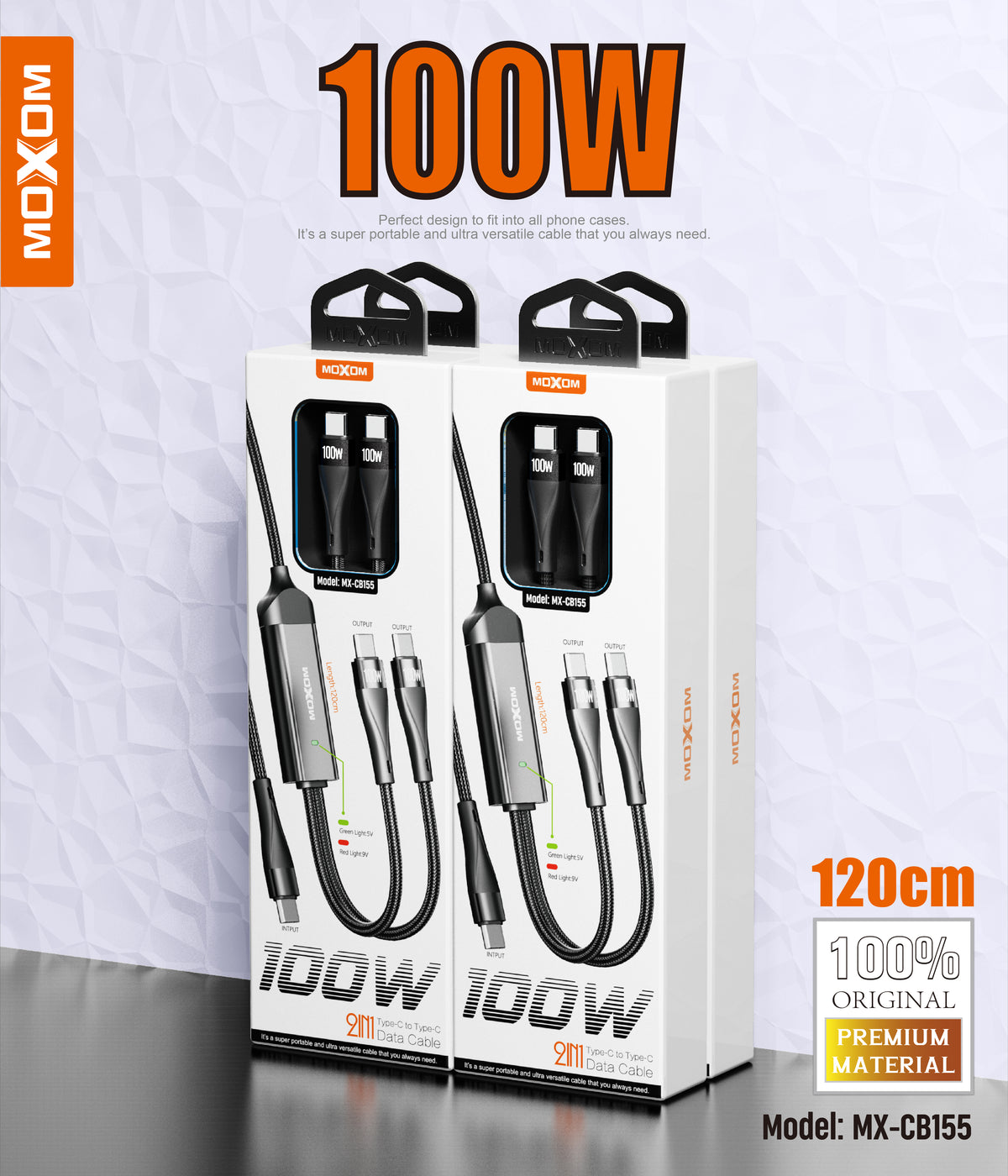 MOXOM MX-CB155 100W USB-C to Dual USB-C Cable – Charge 2 Devices, Laptop Fast Charging, Reinforced