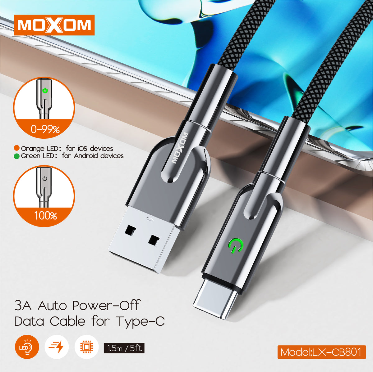 MOXOM LX-CB801 USB-A to Type-C Cable – 3A Fast Charging, Auto Power-Off, Nylon Braided, 1.5m