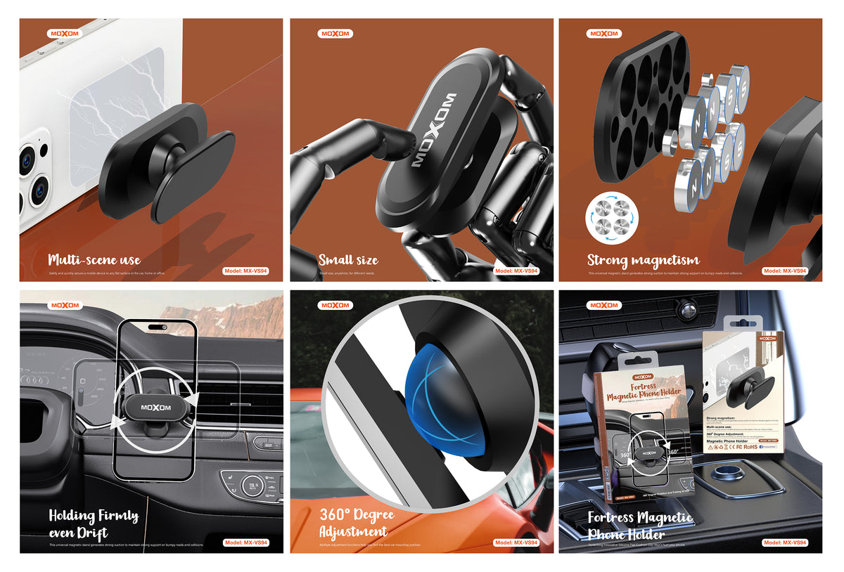 MOXOM MX-VS94 Fortress Mini Magnetic Phone Holder – 4-Magnet Array, Ultra-Compact 21g, Metal Plate Included