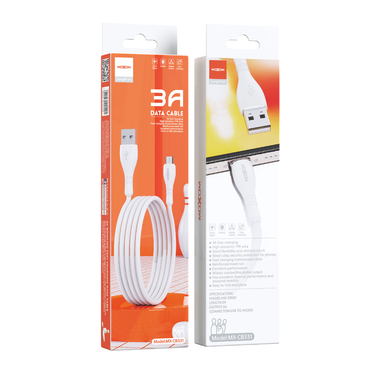 MOXOM MX-CB331 Bowling 3A Fast Charging Cable β Micro USB / Lightning / Type-C, Soft TPE, 1m