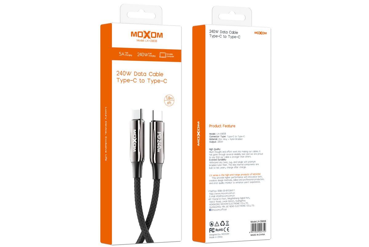 MOXOM LX-CB838 240W Heavy-Duty USB-C to USB-C Cable – Zinc Alloy, Nylon Braided, 1.8m Long