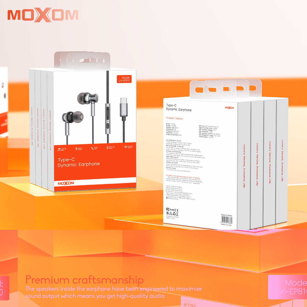 MOXOM LX-EP810 Type-C Wired Earphones – 10mm Dynamic Driver, Built-In Mic, 1.2m, Plug & Play