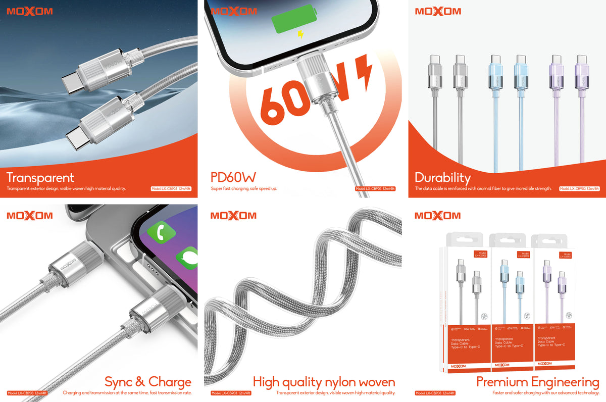 MOXOM LX-CB903 Transparent USB-C to USB-C Cable – 60W PD Fast Charging, Nylon Woven, 1.2m
