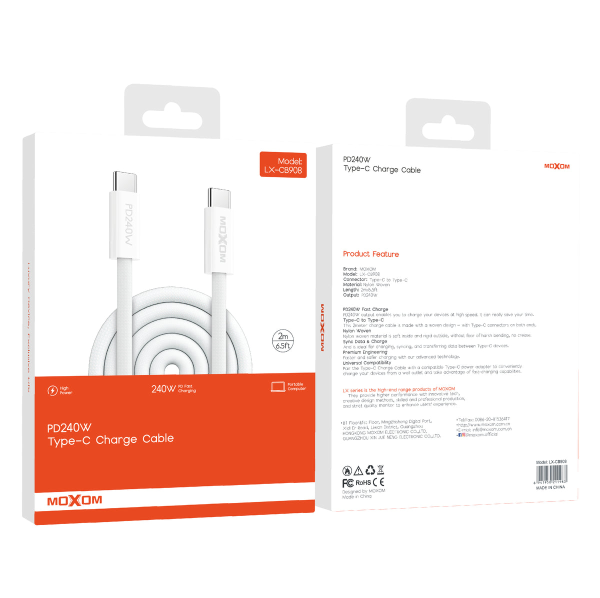 MOXOM LX-CB908 240W USB-C to USB-C Cable – PD Super Fast Laptop Charging, Extra Long 2m
