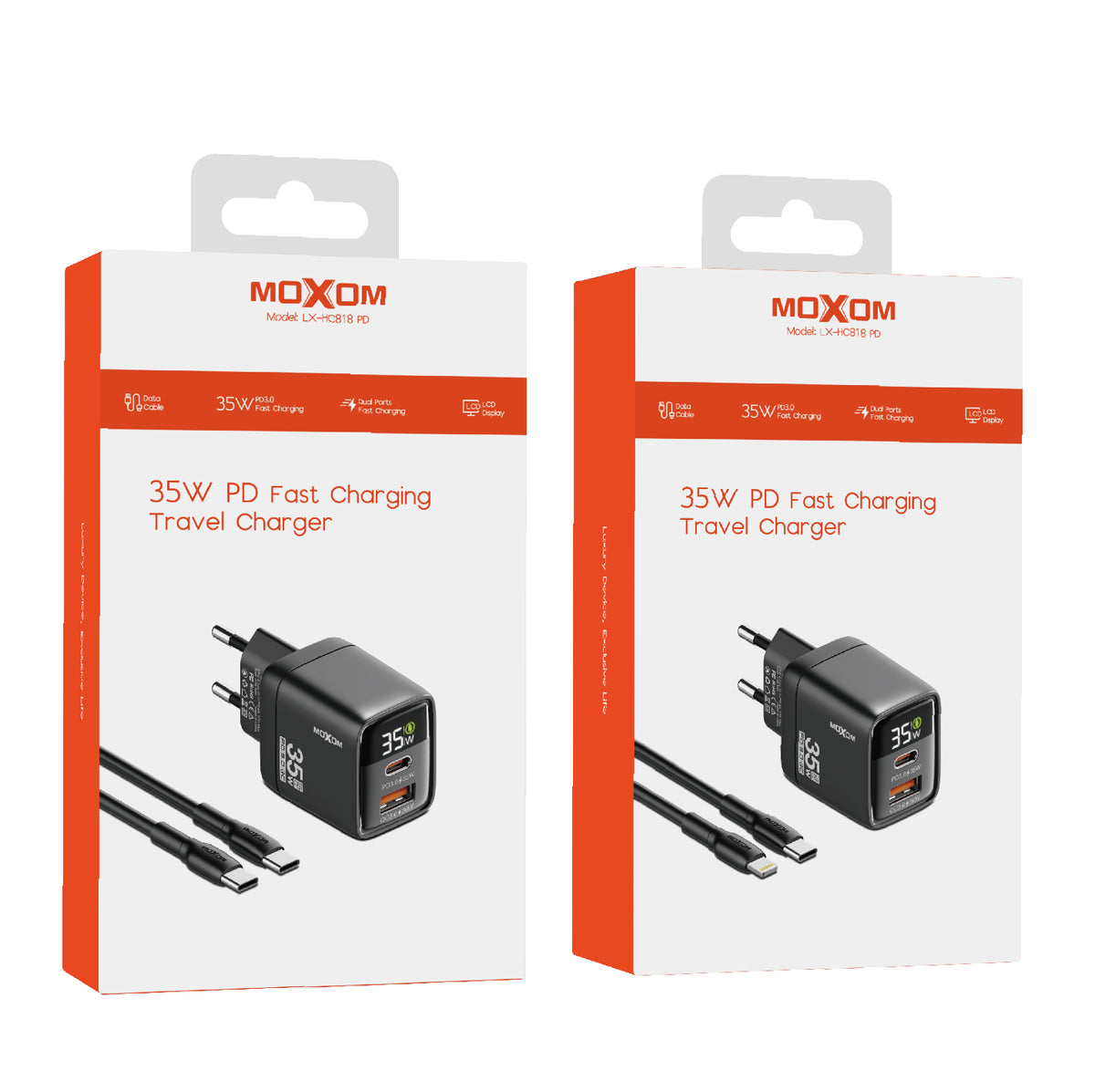 MOXOM LX-HC818 PD 35W Dual-Port Fast Charger with LCD Display – USB-C + USB-A, PPS, QC, SCP, AFC