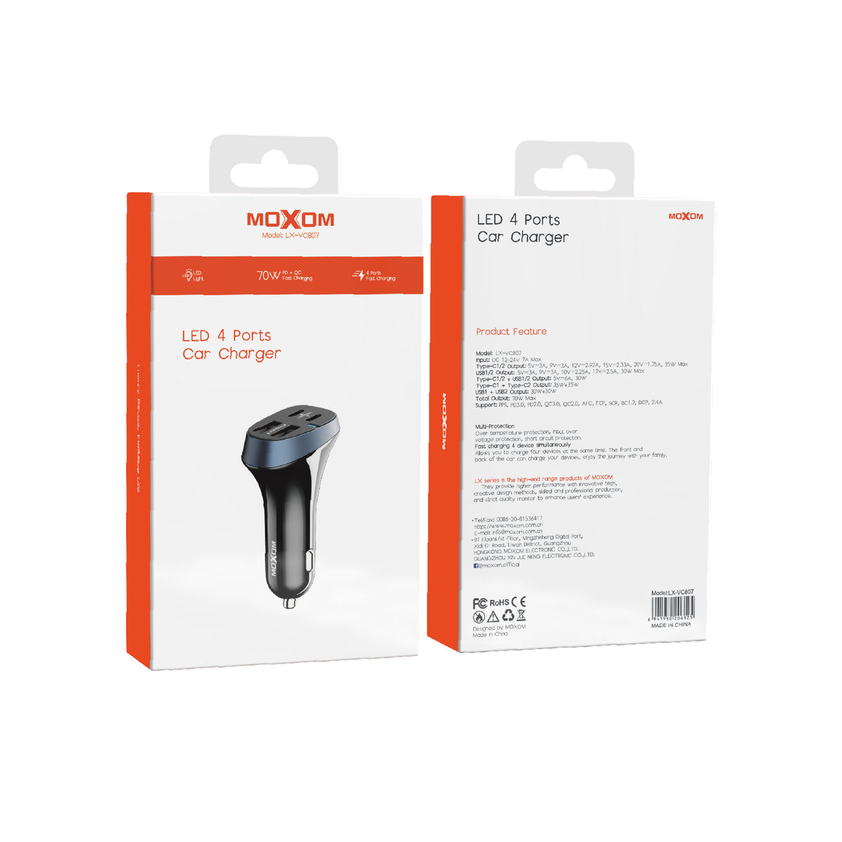 Moxom LX-VC807 LED 4-Port Car Charger – 2 USB + 2 Type-C
