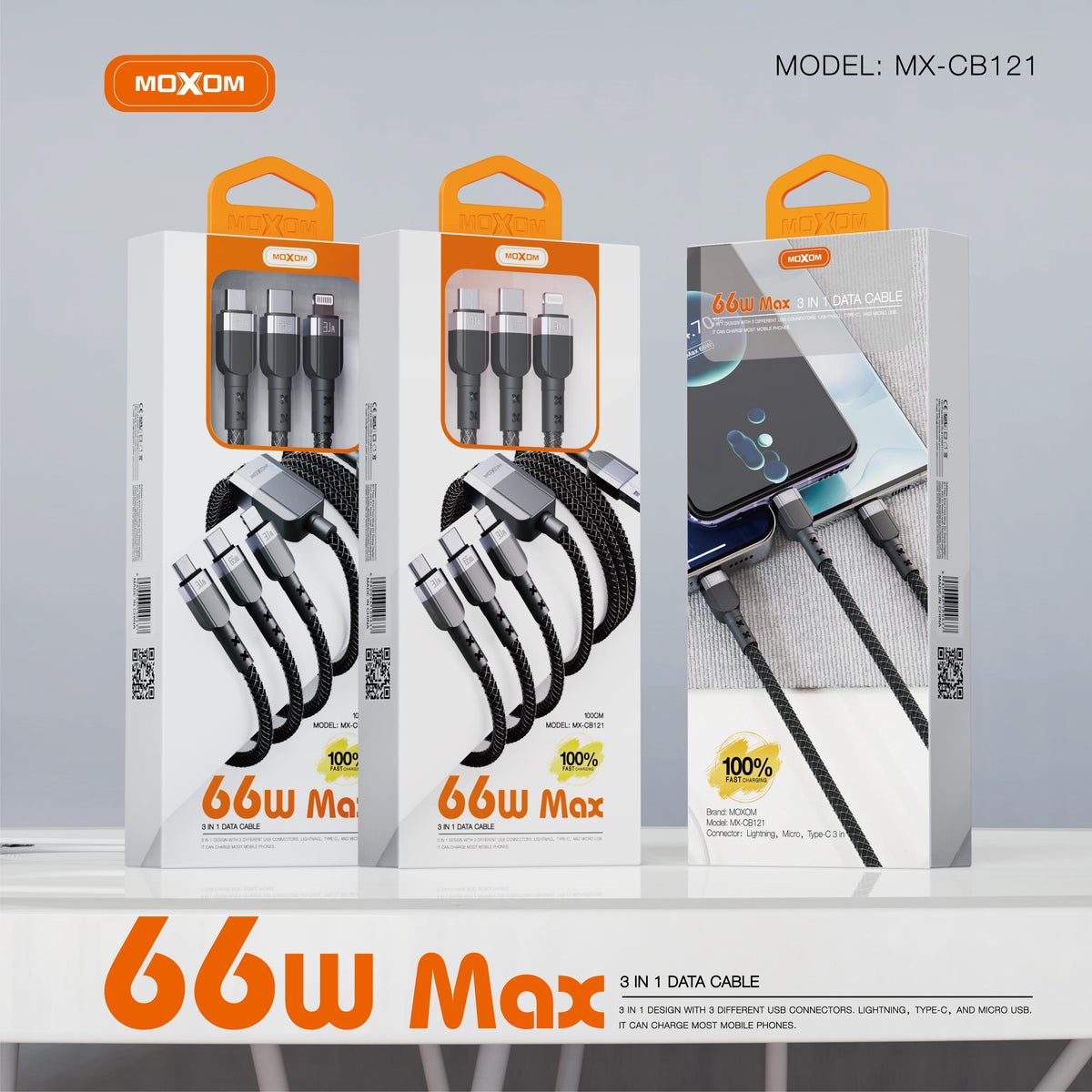 MOXOM MX-CB121 3-in-1 Charging Cable β 66W Max, Micro USB + Lightning + Type-C, One Cable for All