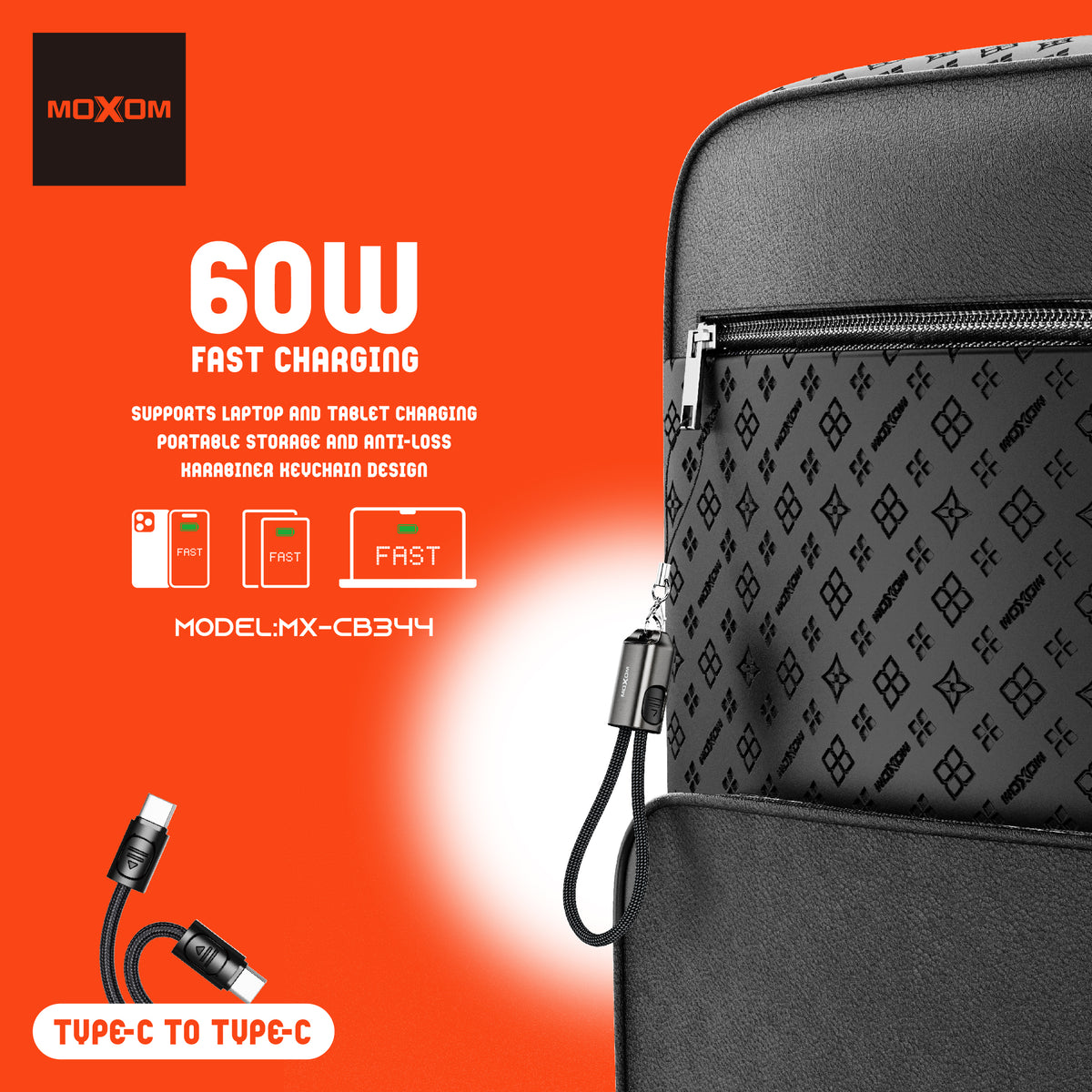 MOXOM MX-CB344 Keychain USB-C to USB-C Cable β 60W Fast Charging, Zinc Alloy & Nylon, 22cm