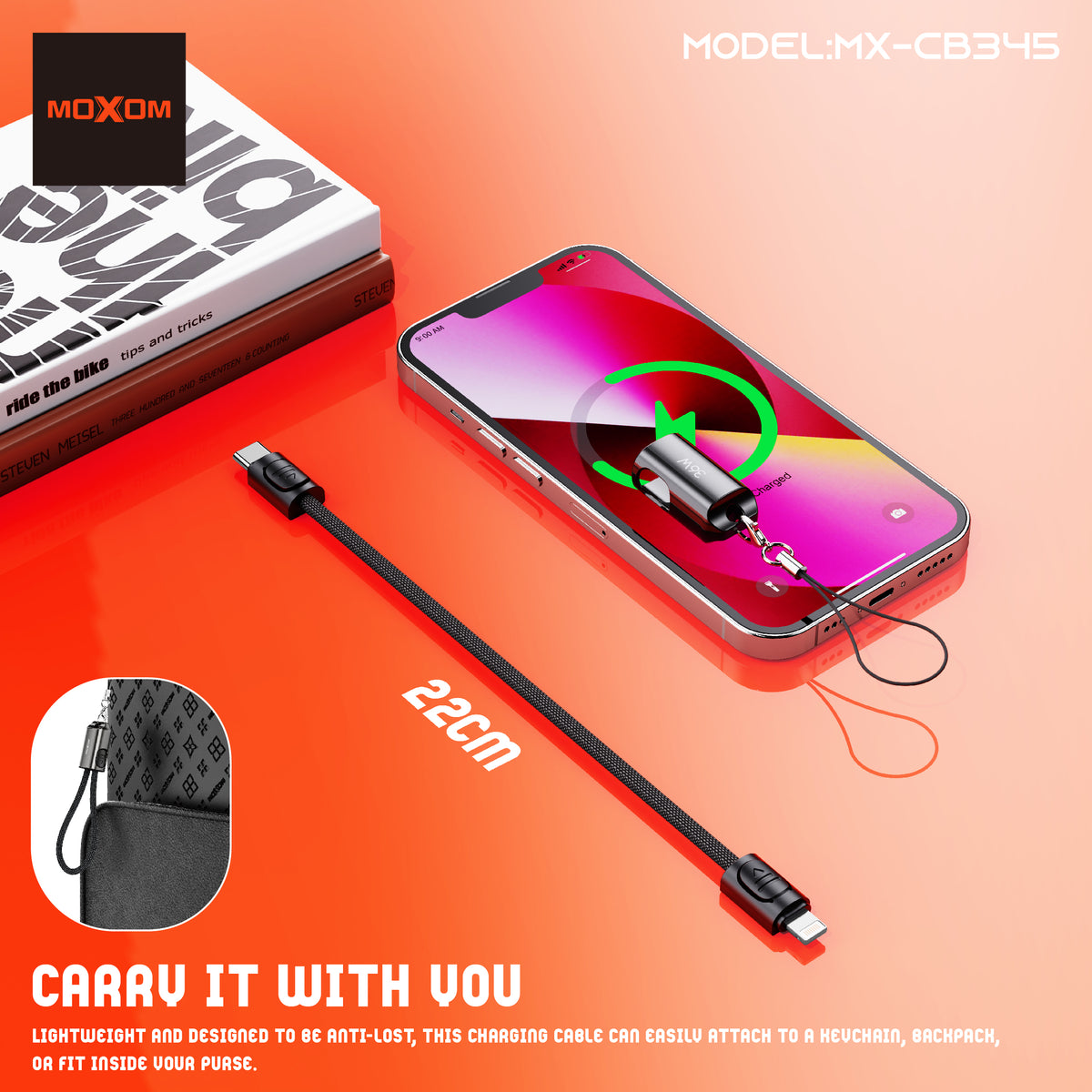 MOXOM MX-CB345 Keychain USB-C to Lightning Cable β 36W Fast Charging, Zinc Alloy & Nylon, 22cm