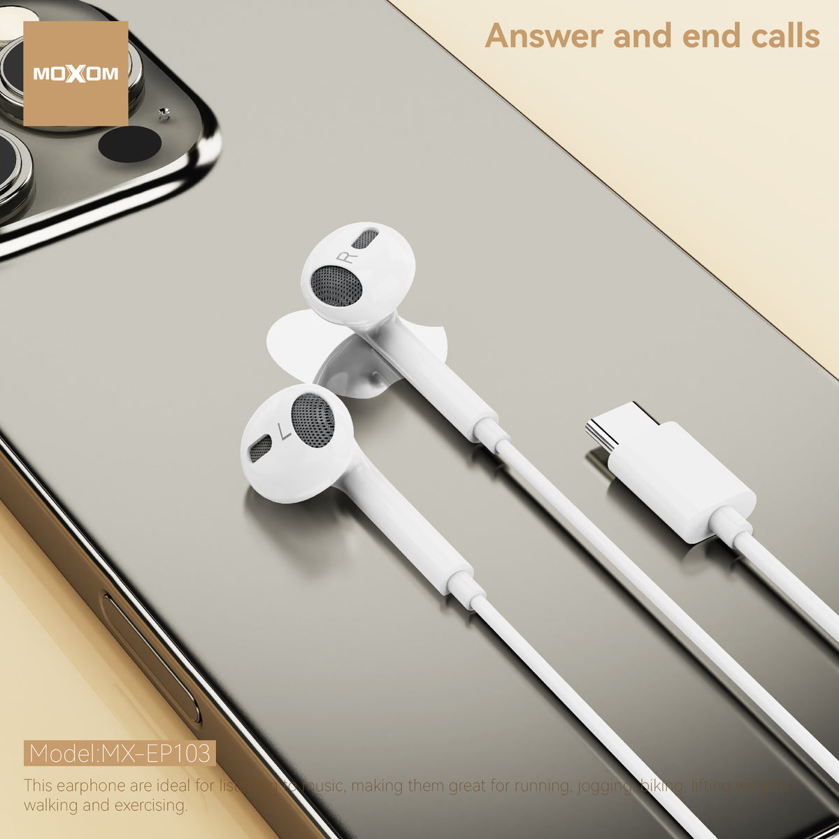 MOXOM MX-EP103 G4 USB-C Wired Earphones with Mic – 14mm Driver, Clear Calls, Plug & Play