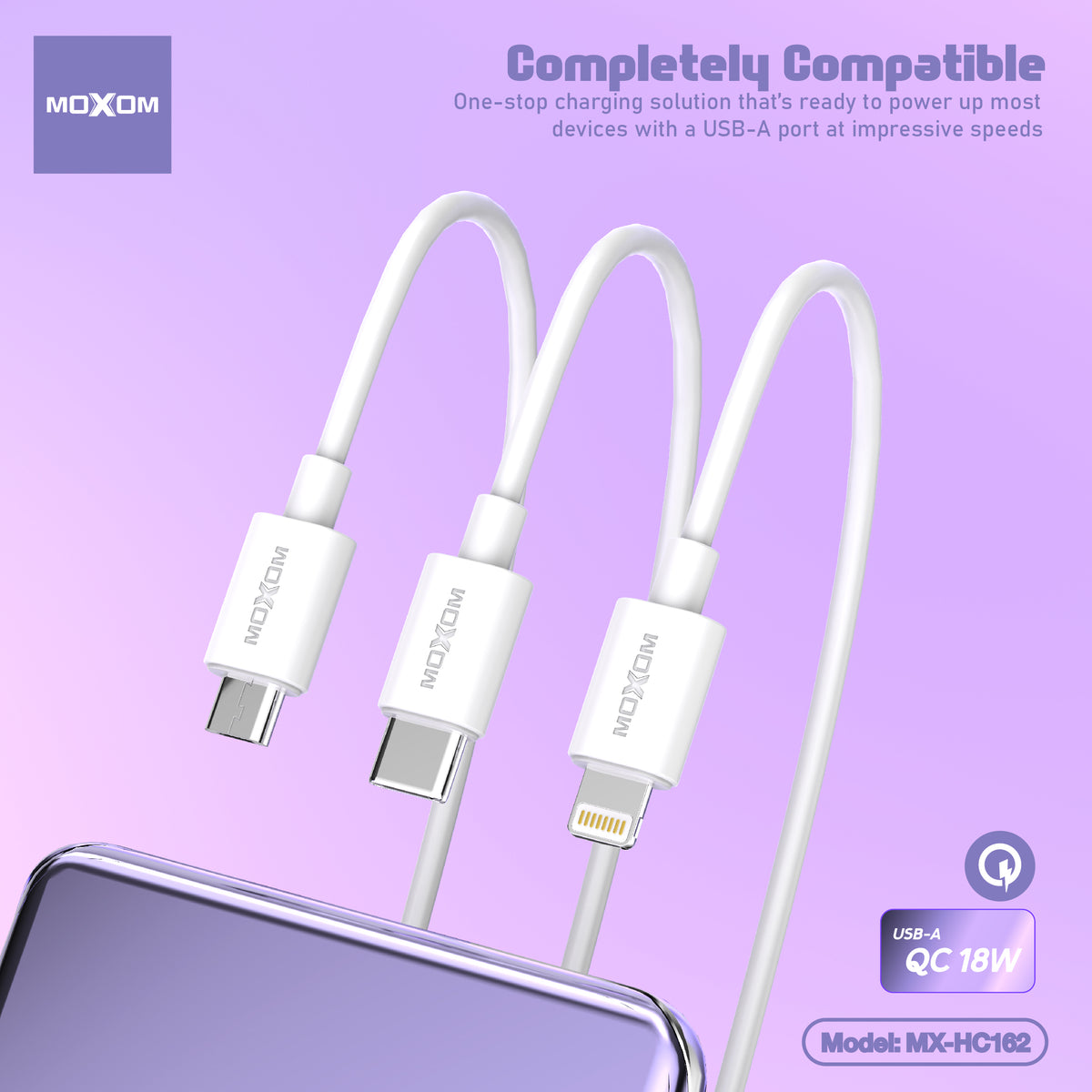 MOXOM MX-HC162 QC 18W USB-A Fast Charger + Cable β Micro USB, Lightning or Type-C, EU Plug, White