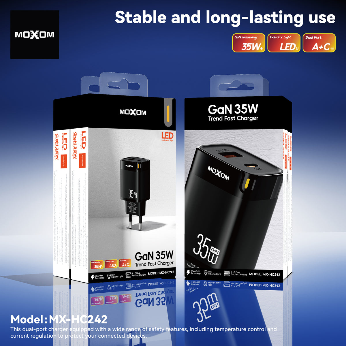 MOXOM MX-HC242 Trend 35W GaN Fast Charger – USB-C PD + USB-A, PPS, Compact, EU Plug (Charger Only)