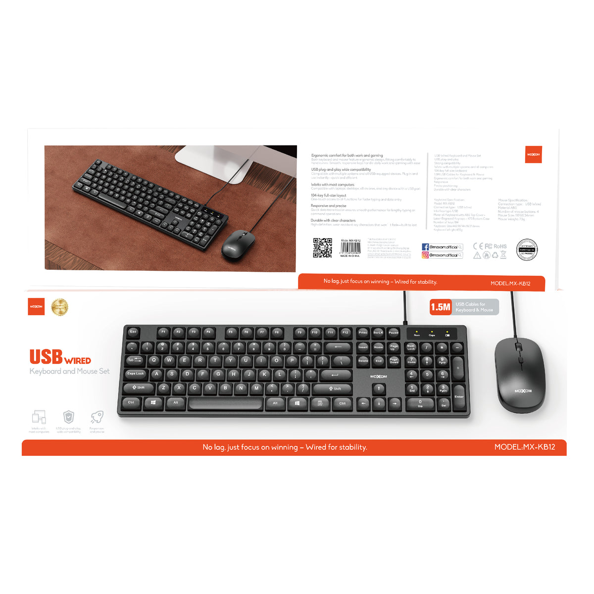 MOXOM MX-KB12 USB Wired Keyboard & Mouse Combo – Full 104-Key Layout, 4-Button Mouse, Plug & Play