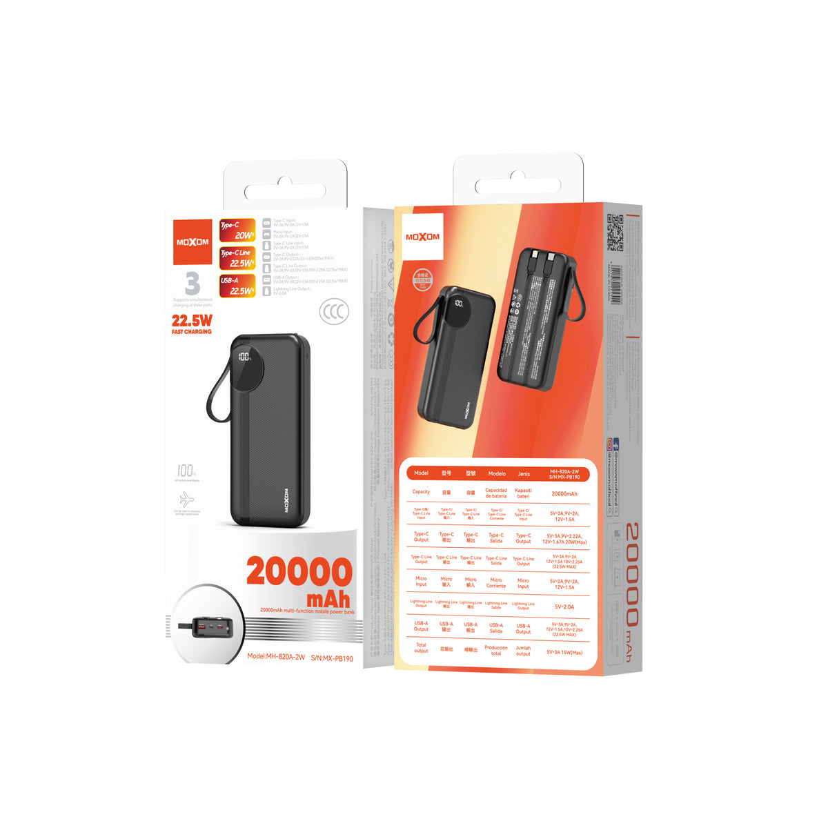MOXOM MX-PB190 20000mAh Power Bank – 22.5W Fast Charging, Built-in Lightning Cable, Type-C & USB-A