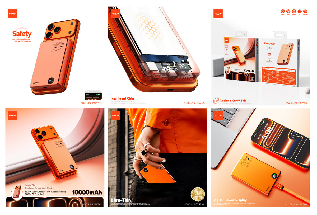 MOXOM MX-PB197 10000mAh Ultra-Thin Wireless Power Bank – 20W PD Fast Charging + 15W Wireless
