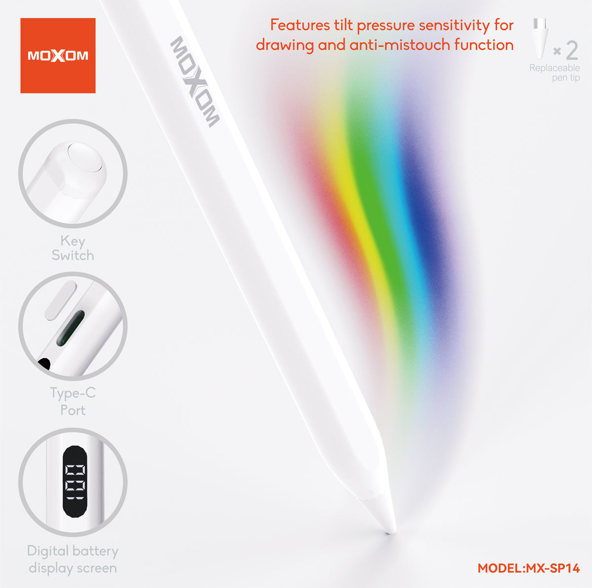 MOXOM MX-SP14 Rechargeable Stylus Pen – Precision Capacitive Touch, 10H Use, Type-C, Aluminium Body
