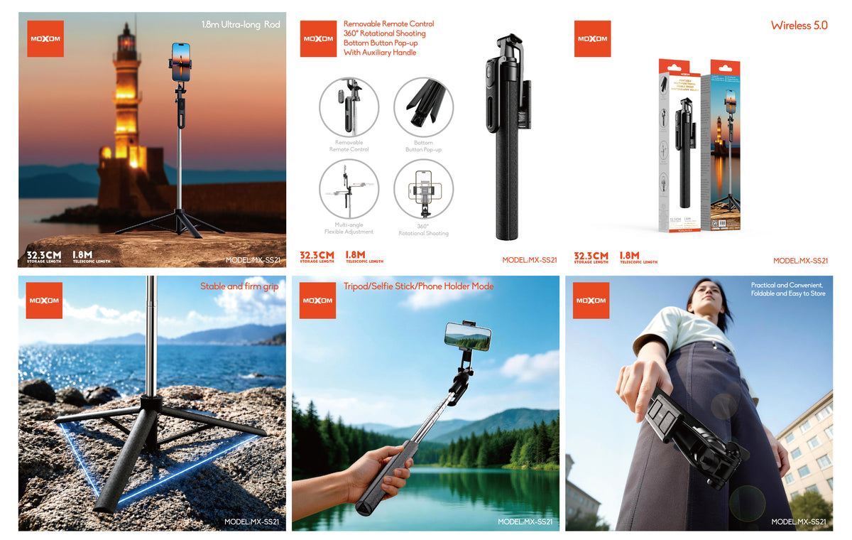 MOXOM MX-SS21 Phone Photography Stand – Extends to 1.8m, Bluetooth Remote, Fits Phones up to 7"