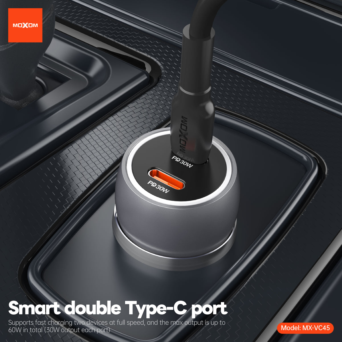 MOXOM MX-VC45 Pilot 60W Car Charger – Dual USB-C 30W+30W, PD & PPS Fast Charging, 12-24V