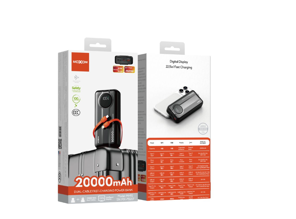 MOXOM MX-PB207 20000mAh Power Bank – 22.5W Fast Charging, Built-In Dual Cables, Digital LED Display