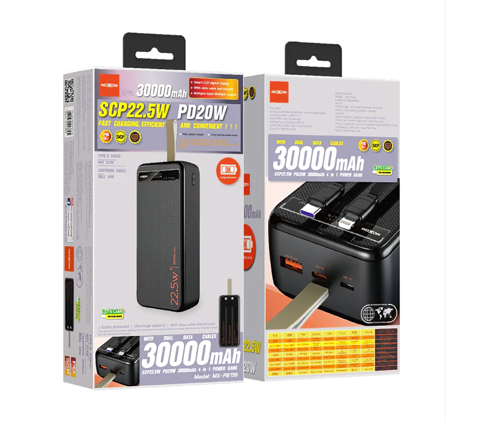 MOXOM MX-PB156 30000mAh Power Bank – SCP 22.5W + PD 20W, Multiple Full Charges