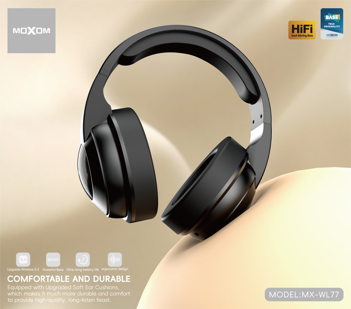 MOXOM MX-WL77 Wireless Over-Ear Headphones – Bluetooth 5.3, Powerful Bass, Padded Comfort