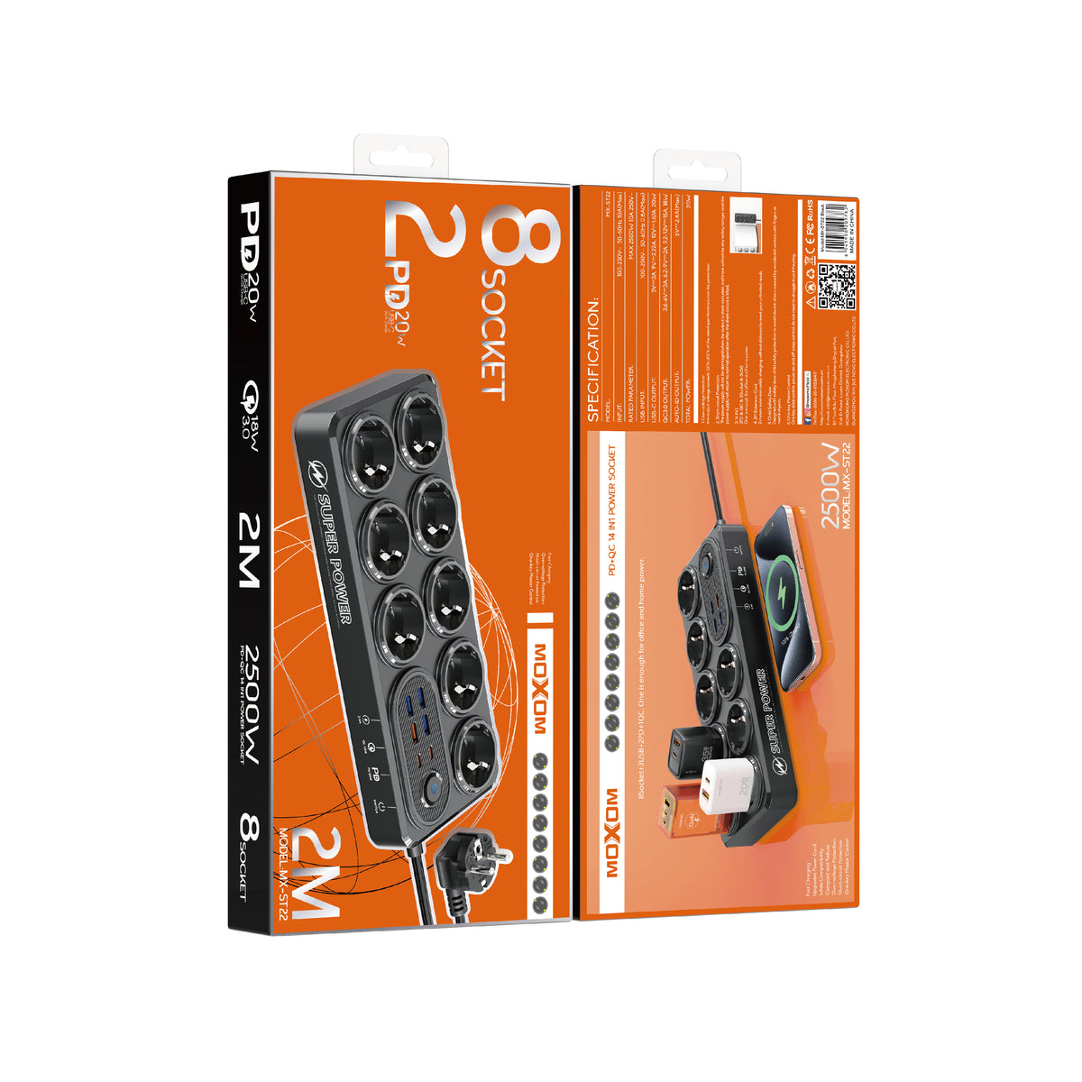 MOXOM MX-ST22 14-in-1 Power Strip – 8 AC Sockets, 4 USB-A, 2 Type-C, PD/QC Fast Charging, Surge Protected