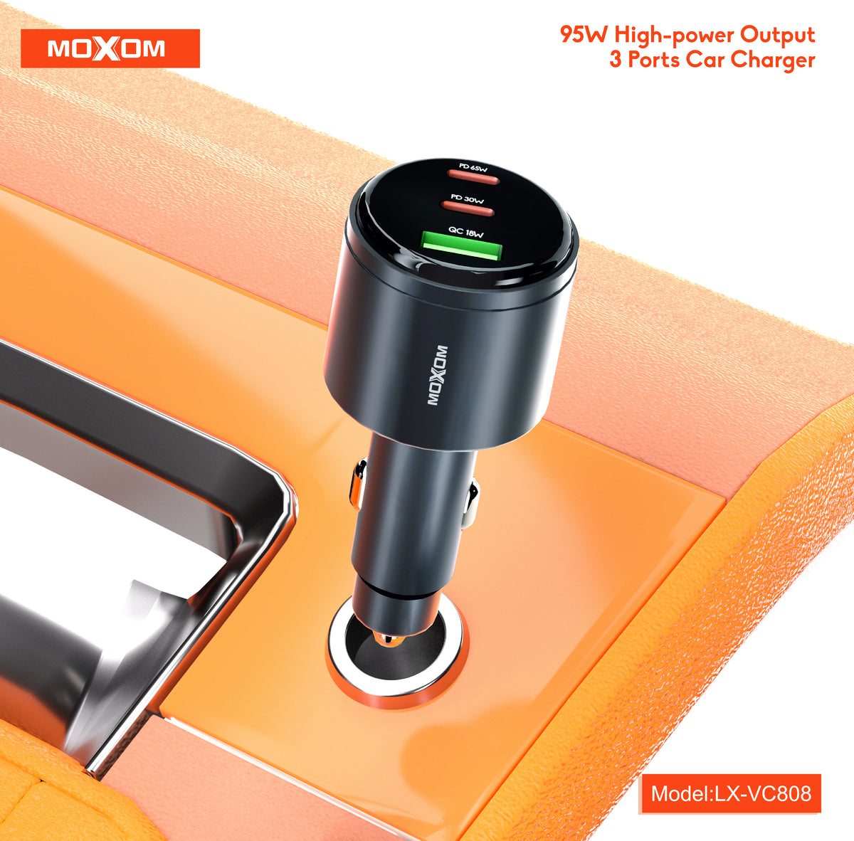 MOXOM LX-VC808 95W 3-Port Car Charger – 65W USB-C Laptop PD/PPS + 30W USB-C + 18W QC USB-A