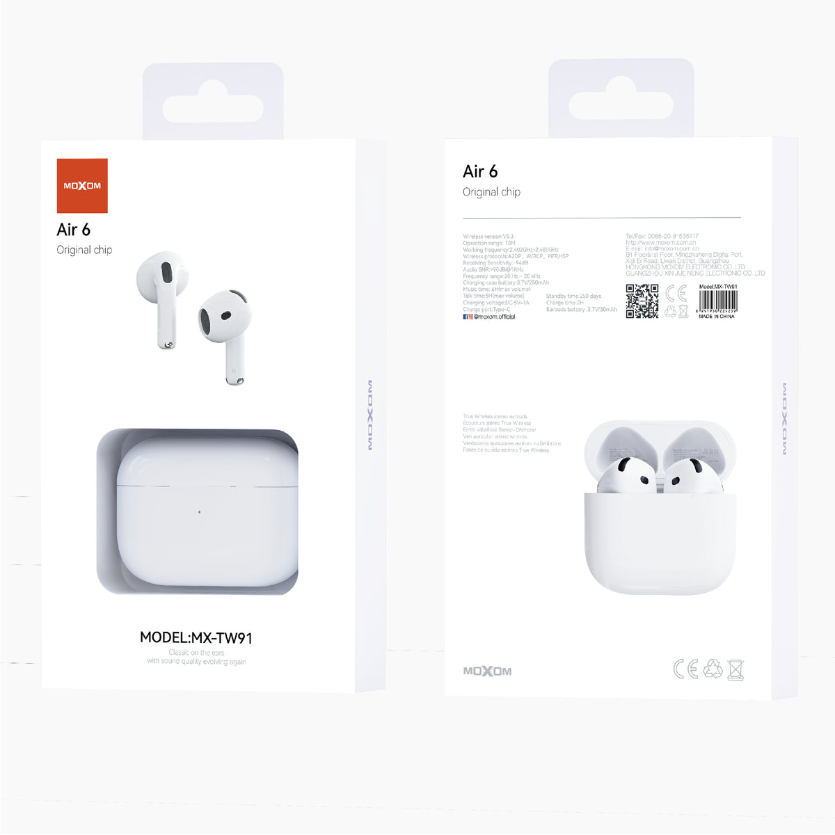 MOXOM MX-TW91 Air 6 Wireless Earbuds – Bluetooth 5.3, 6H Music, 5H Talk, Type-C Charging Case