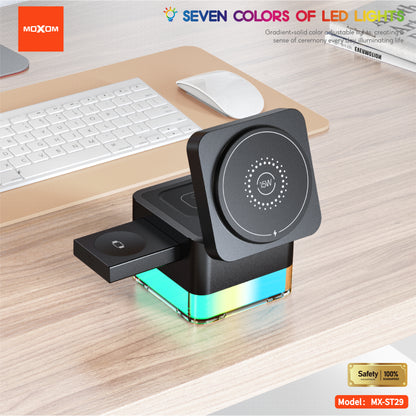 MOXOM MX-ST29 3-in-1 Wireless Charging Station – 15W Fast, Phone + Watch + Earbuds, Magnetic Alignment