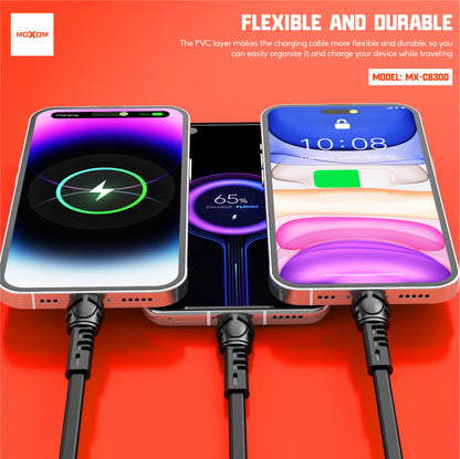 MOXOM MX-CB300 Fast Charging Cable – 3A, Type-C / Lightning / Micro USB, Black or White, 1m