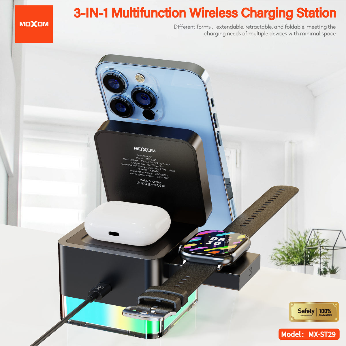 MOXOM MX-ST29 3-in-1 Wireless Charging Station – 15W Fast, Phone + Watch + Earbuds, Magnetic Alignment