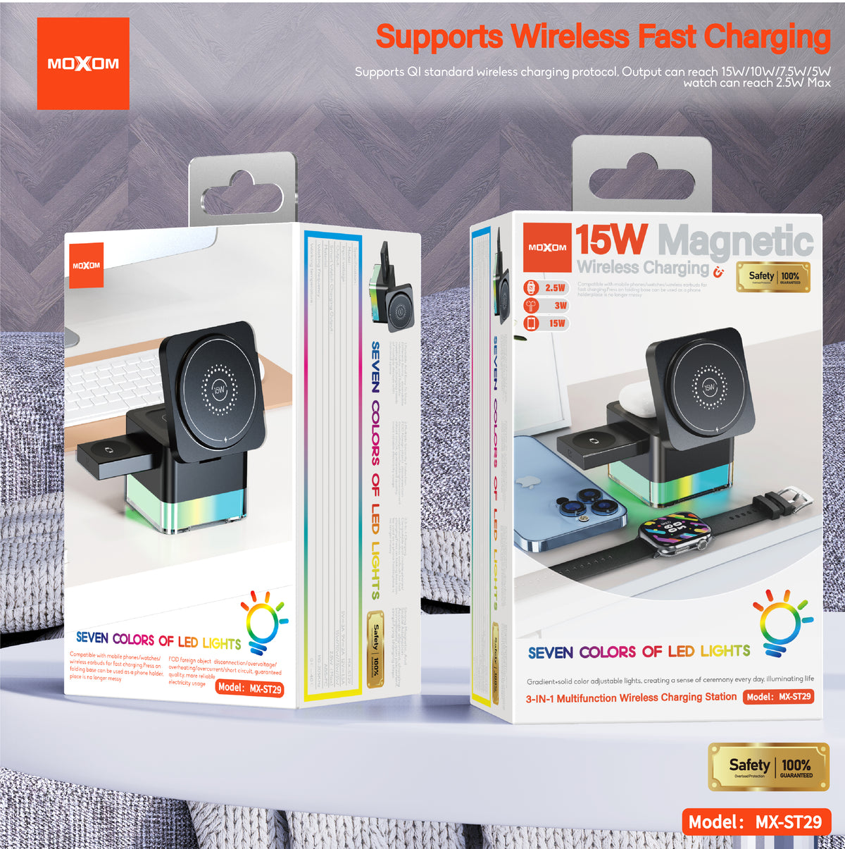 MOXOM MX-ST29 3-in-1 Wireless Charging Station – 15W Fast, Phone + Watch + Earbuds, Magnetic Alignment