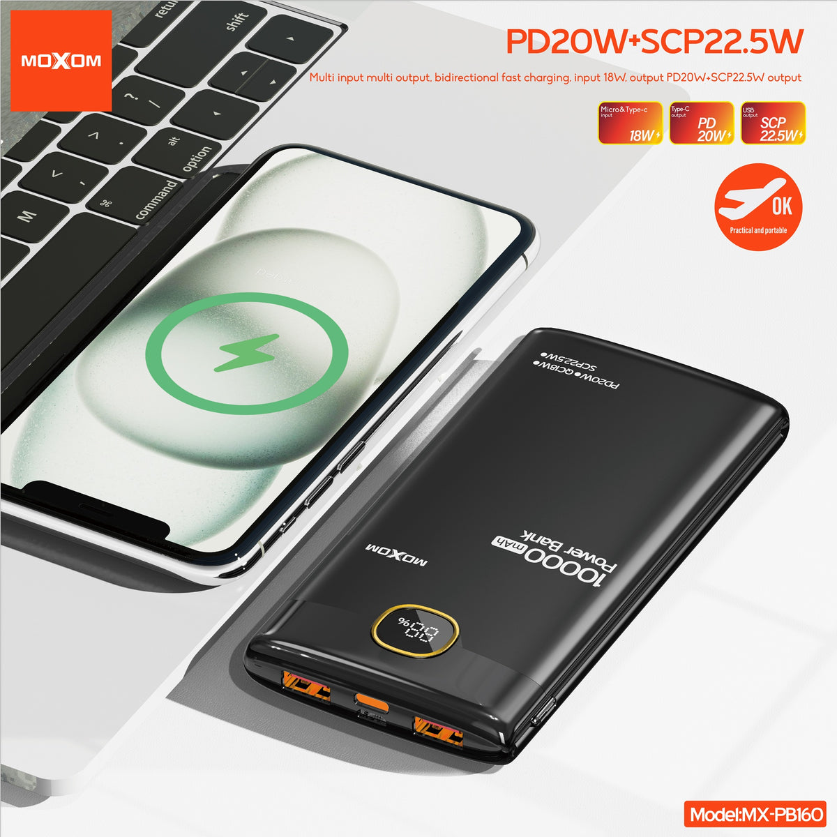 MOXOM MX-PB160 10000mAh Power Bank – 22.5W SCP + 20W PD Fast Charging, LCD Display, Flight Safe