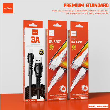 MOXOM MX-CB300 Fast Charging Cable – 3A, Type-C / Lightning / Micro USB, Black or White, 1m