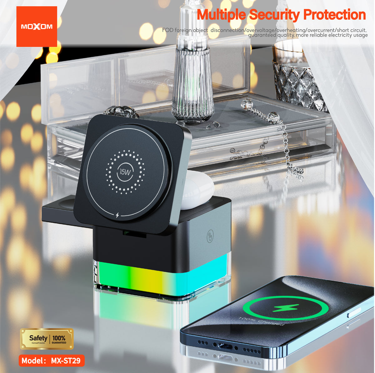MOXOM MX-ST29 3-in-1 Wireless Charging Station – 15W Fast, Phone + Watch + Earbuds, Magnetic Alignment