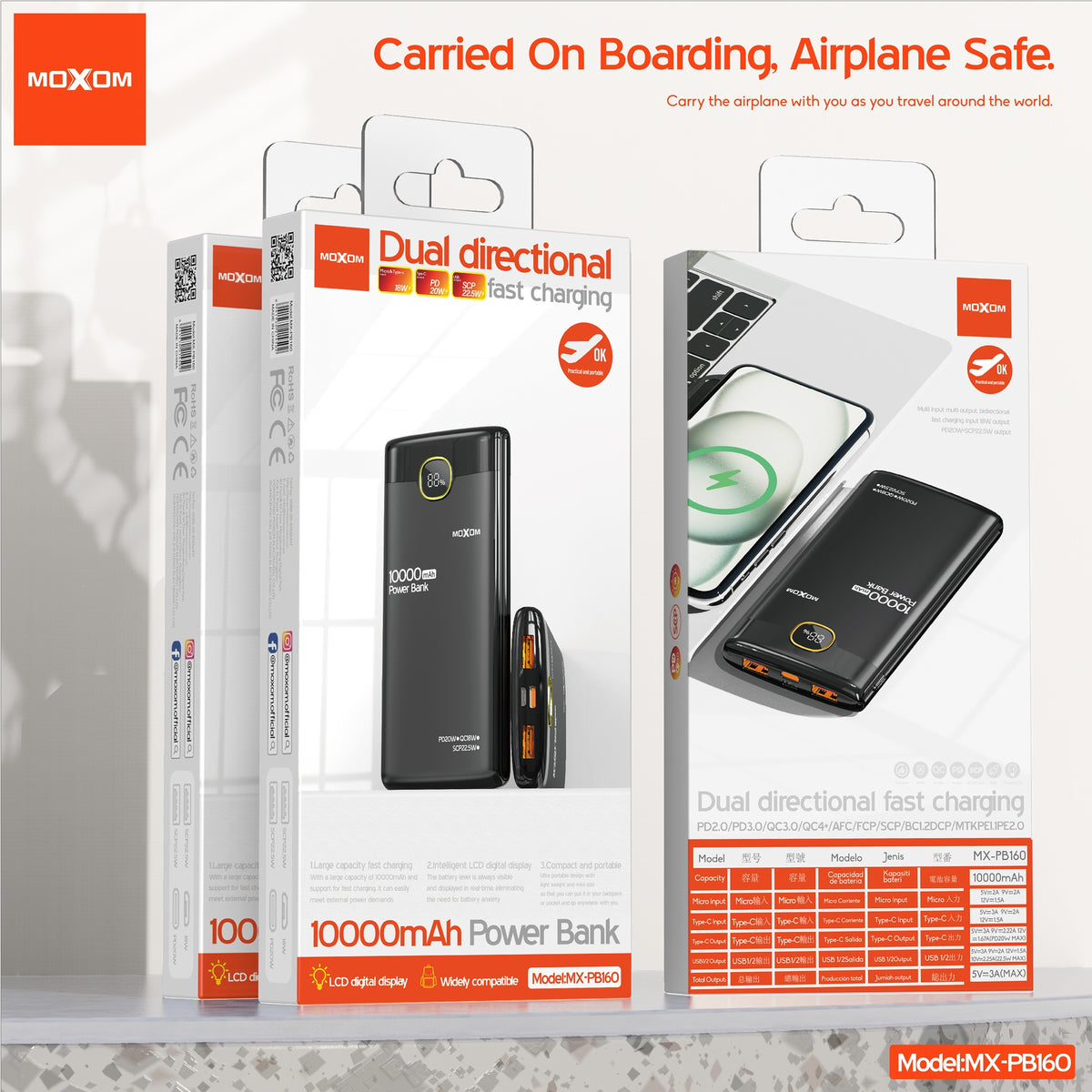 MOXOM MX-PB160 10000mAh Power Bank – 22.5W SCP + 20W PD Fast Charging, LCD Display, Flight Safe