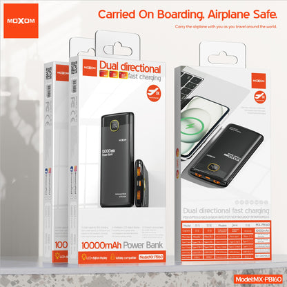 MOXOM MX-PB160 10000mAh Power Bank – 22.5W SCP + 20W PD Fast Charging, LCD Display, Flight Safe