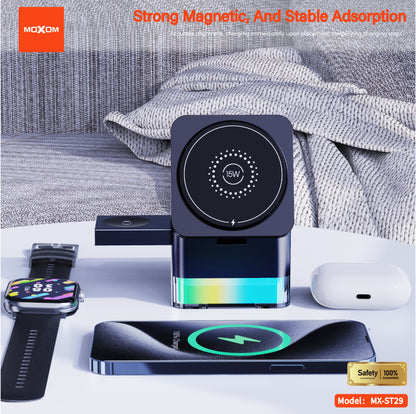 MOXOM MX-ST29 3-in-1 Wireless Charging Station – 15W Fast, Phone + Watch + Earbuds, Magnetic Alignment