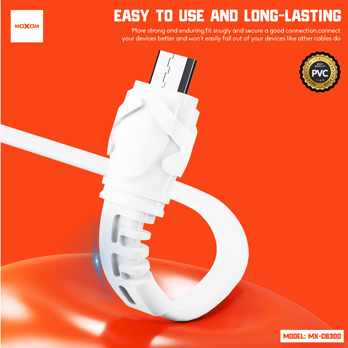 MOXOM MX-CB300 Fast Charging Cable – 3A, Type-C / Lightning / Micro USB, Black or White, 1m