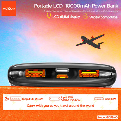 MOXOM MX-PB160 10000mAh Power Bank – 22.5W SCP + 20W PD Fast Charging, LCD Display, Flight Safe