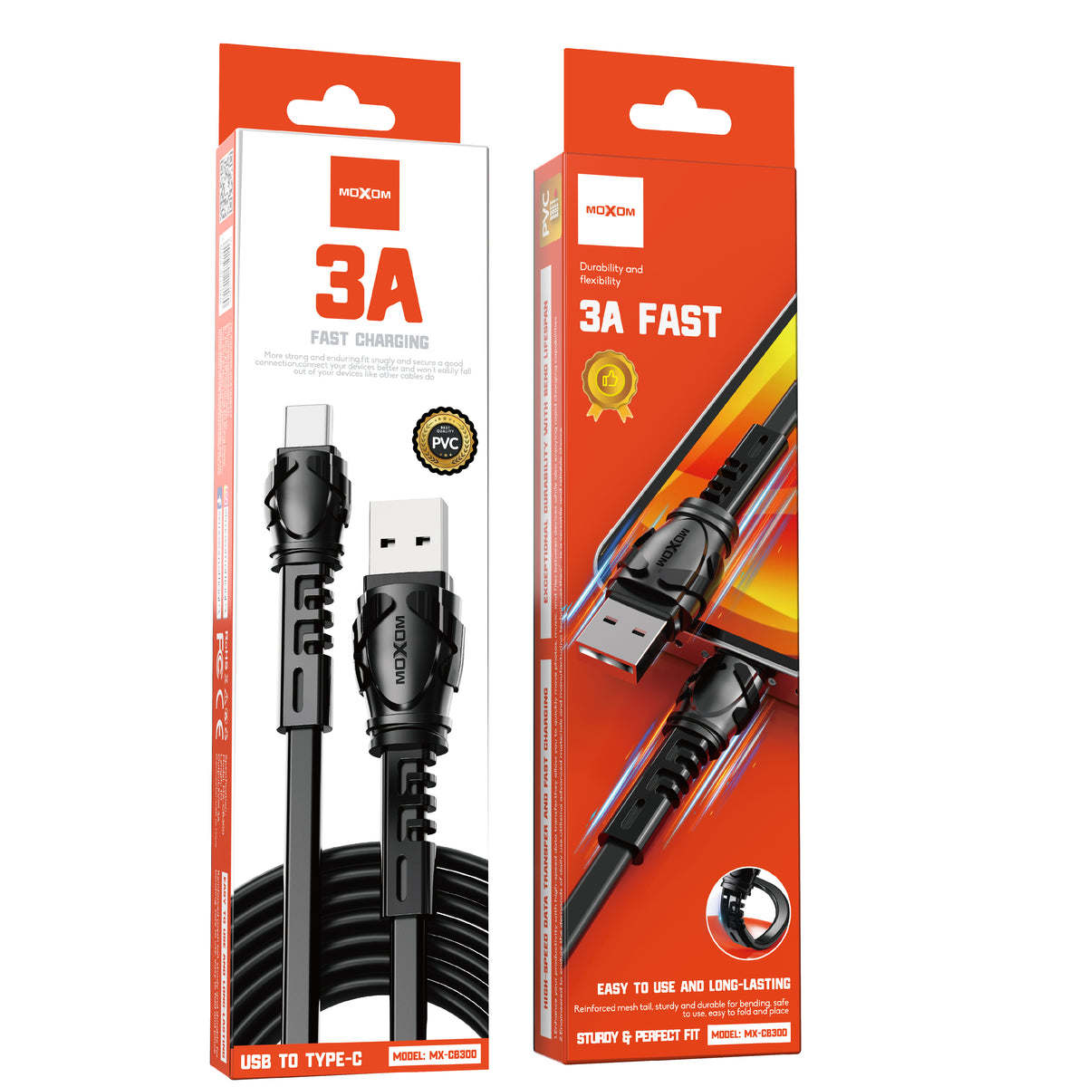 MOXOM MX-CB300 Fast Charging Cable – 3A, Type-C / Lightning / Micro USB, Black or White, 1m