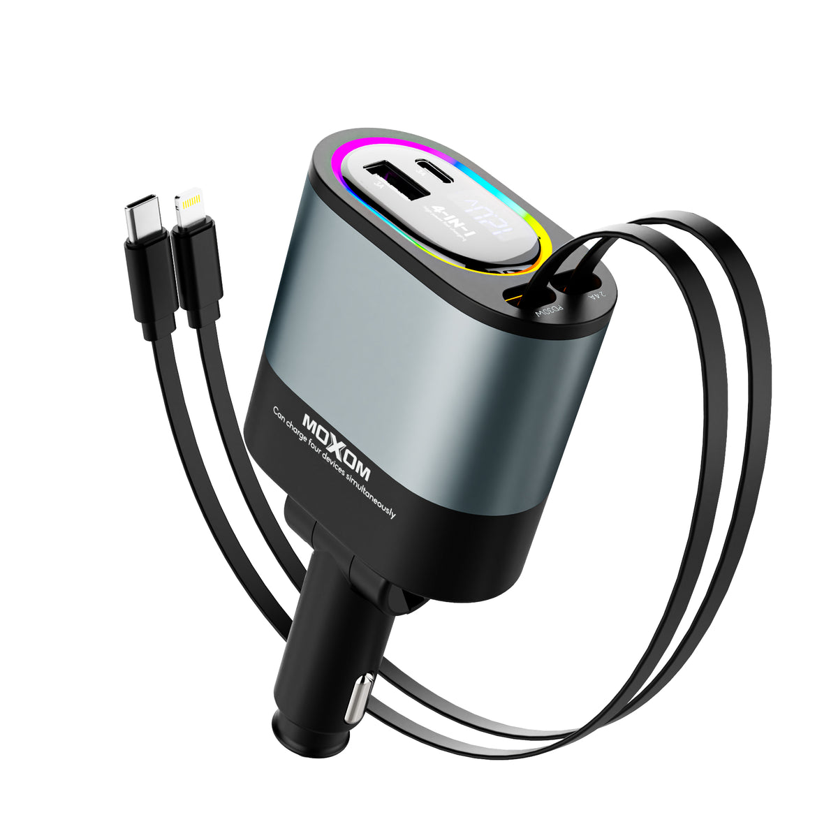 MOXOM MX-VC46 Shadow 4-in-1 Retractable Car Charger – Up to 120W, Built-in Cables + USB-C & USB-A