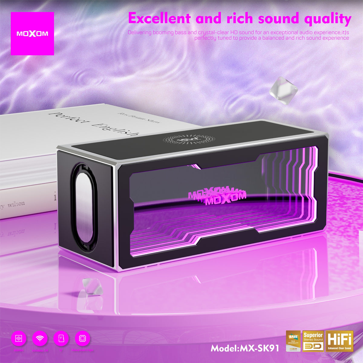 MOXOM MX-SK91 Abyss Light Bluetooth Speaker with 15W Wireless Charger – 20W Stereo, Ambient Lighting, BT 5.4