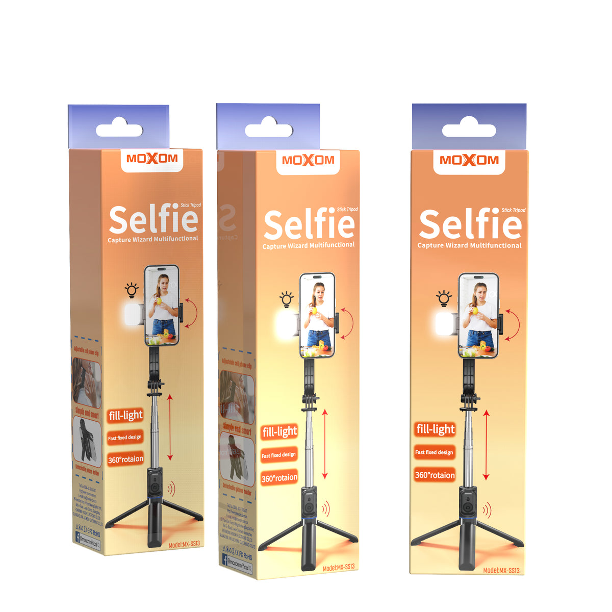 MOXOM MX-SS13 Selfie Stick with Detachable LED Light – 970mm, 6 Brightness Levels, Bluetooth Remote