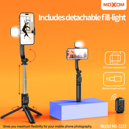 MOXOM MX-SS13 Selfie Stick with Detachable LED Light – 970mm, 6 Brightness Levels, Bluetooth Remote