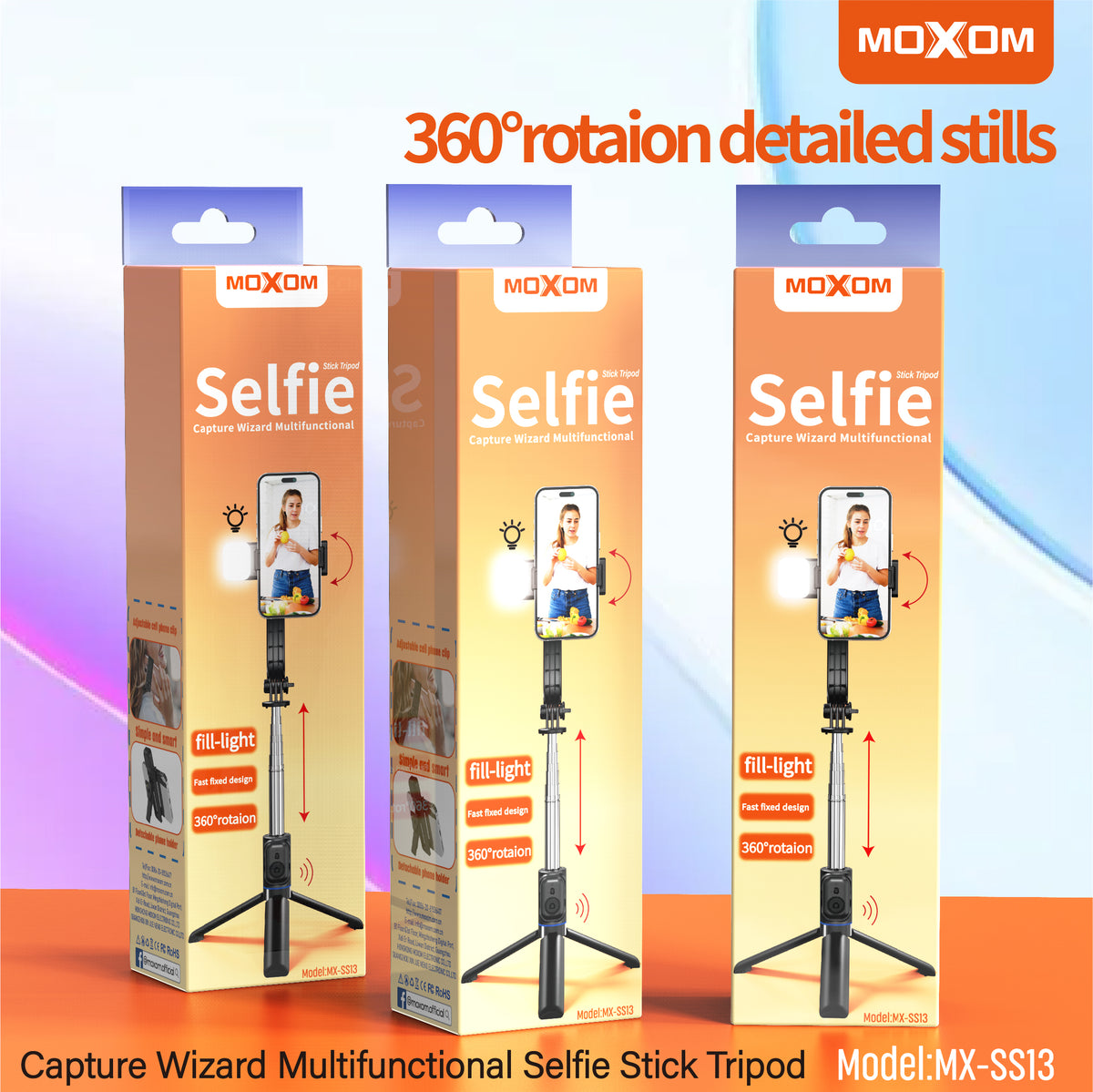 MOXOM MX-SS13 Selfie Stick with Detachable LED Light – 970mm, 6 Brightness Levels, Bluetooth Remote