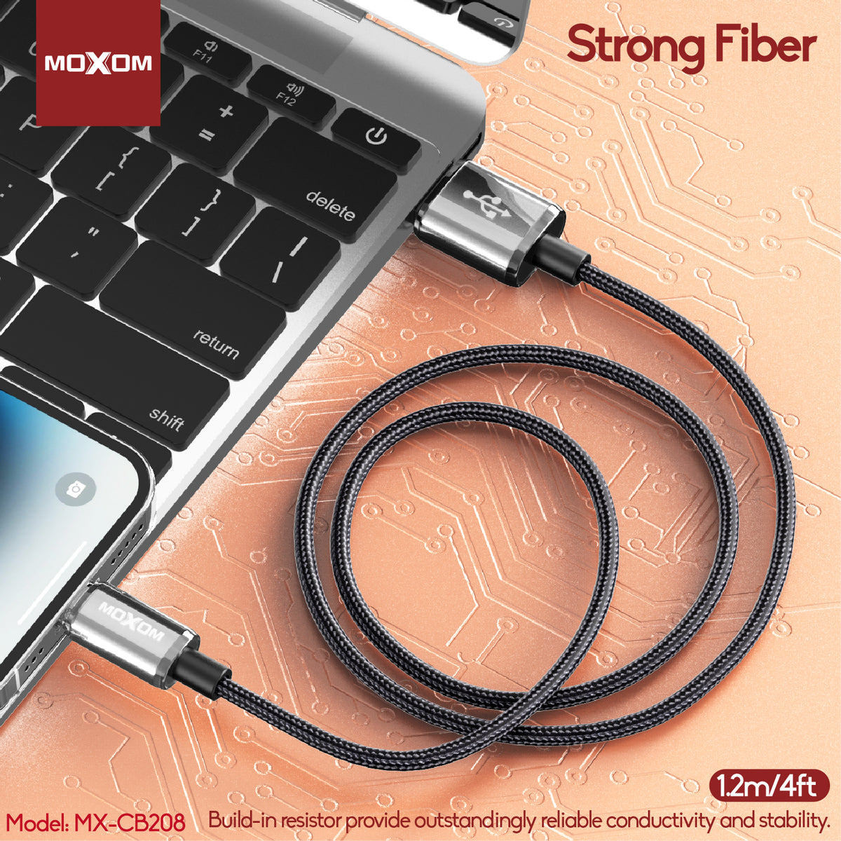 MOXOM MX-CB208 3A Fast Charging Cable – Micro USB / Lightning / Type-C, Surge Protection Chip, Black