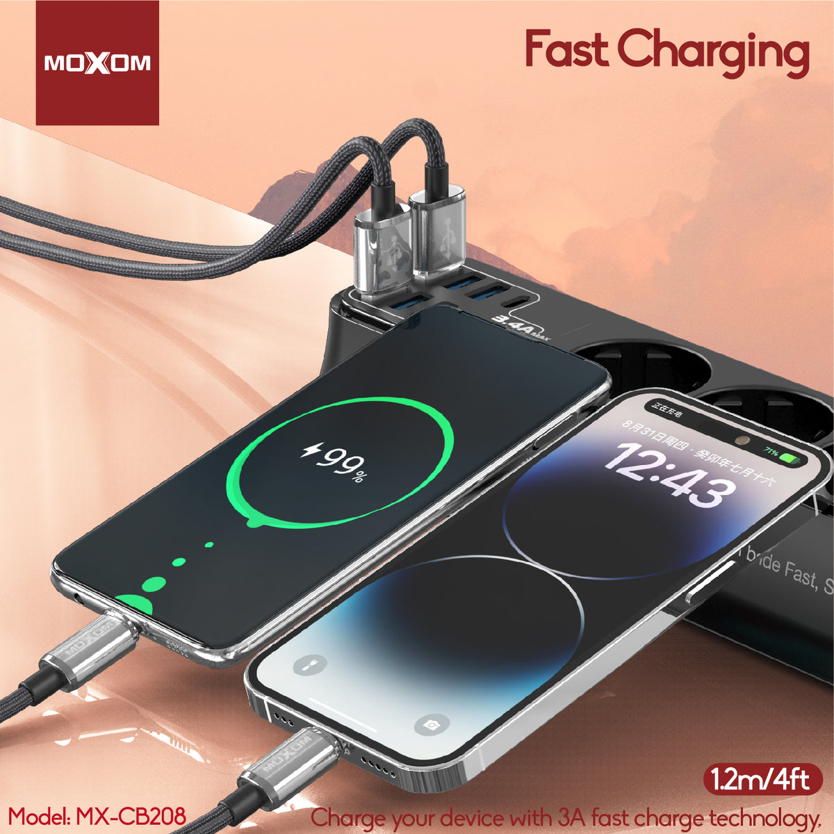 MOXOM MX-CB208 3A Fast Charging Cable – Micro USB / Lightning / Type-C, Surge Protection Chip, Black