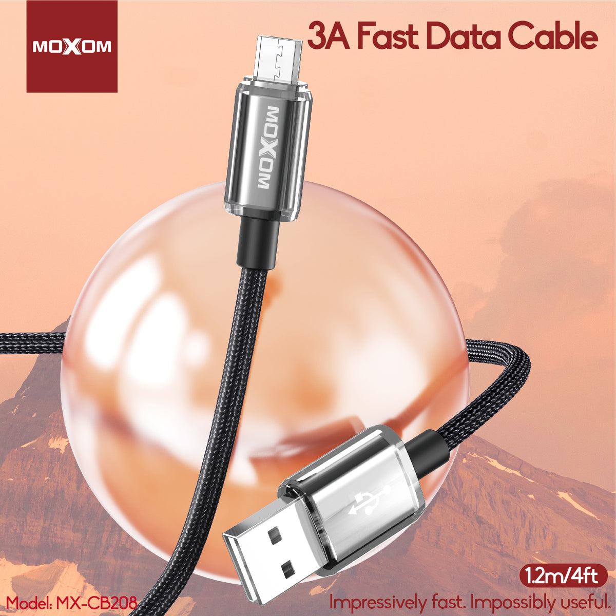 MOXOM MX-CB208 3A Fast Charging Cable – Micro USB / Lightning / Type-C, Surge Protection Chip, Black